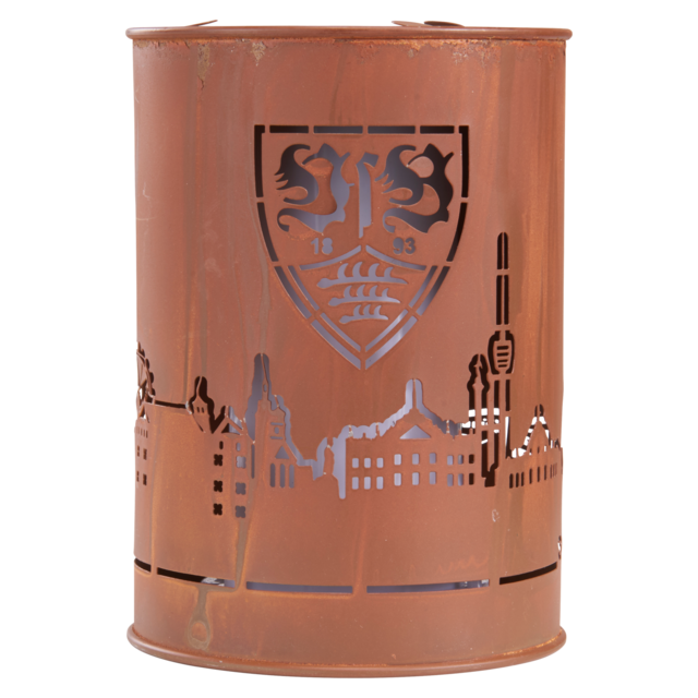 VfB Deko Leuchte in Rostoptik zeigt das VfB Wappen und die Skyline von Stuttgart