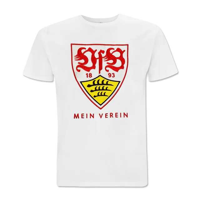 weißes T-Shirt mit  großem VfB Wappen in der Mitte und darunter dem Schriftzug Mein Verein 