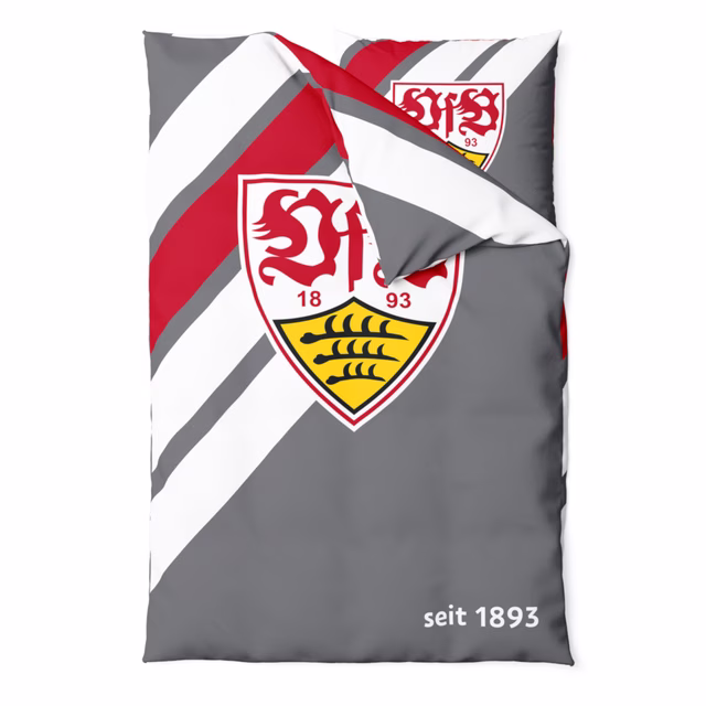 graue Bettwäsche mit weißen und roten Streifen und großem VfB Wappen