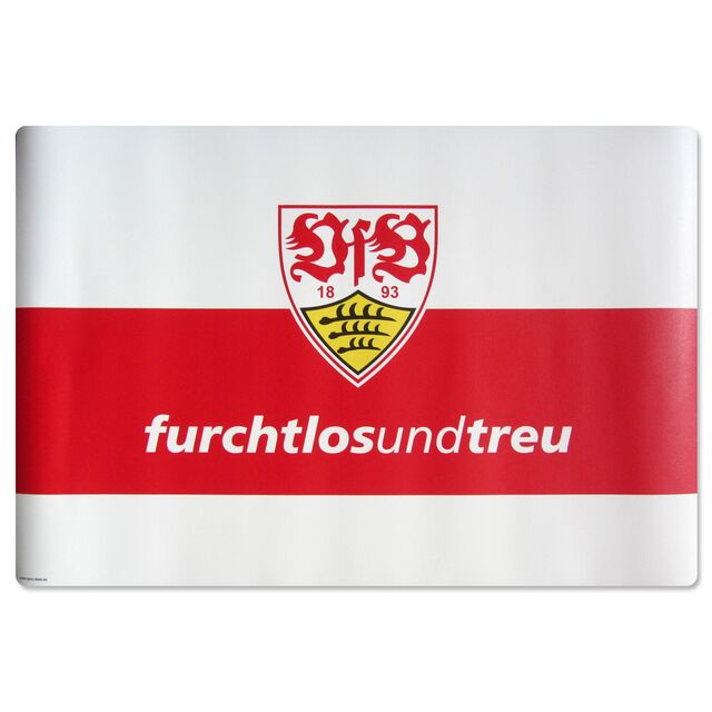 weiß-rote Schreibtischunterlage mit VfB Wappen und der Aufschrift furchtlos und treu
