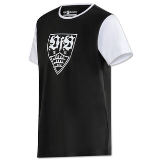 schwarzes T-Shirt mit weißen Ärmeln und weißem VfB Wappen auf der Brust