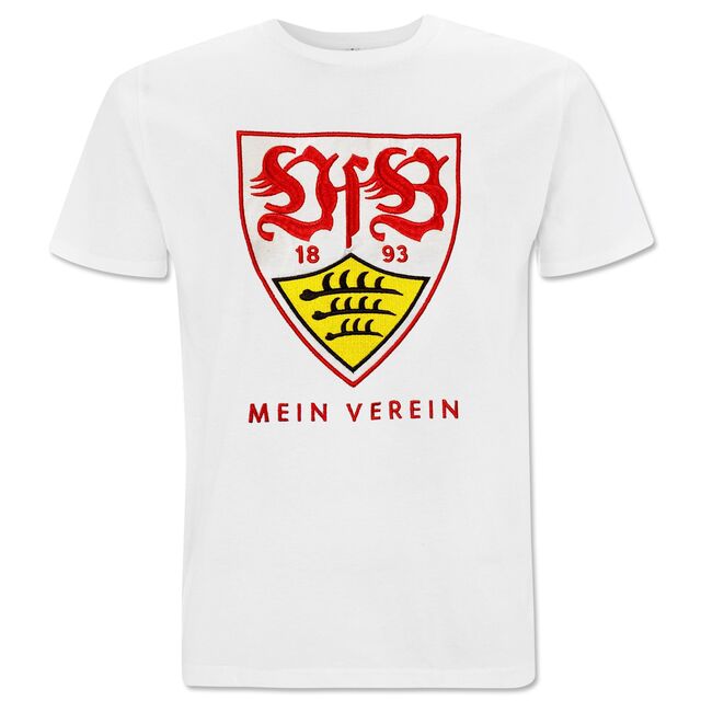 weißes T-Shirt mit  großem VfB Wappen in der Mitte und dem Schriftzug Mein Verein darunter