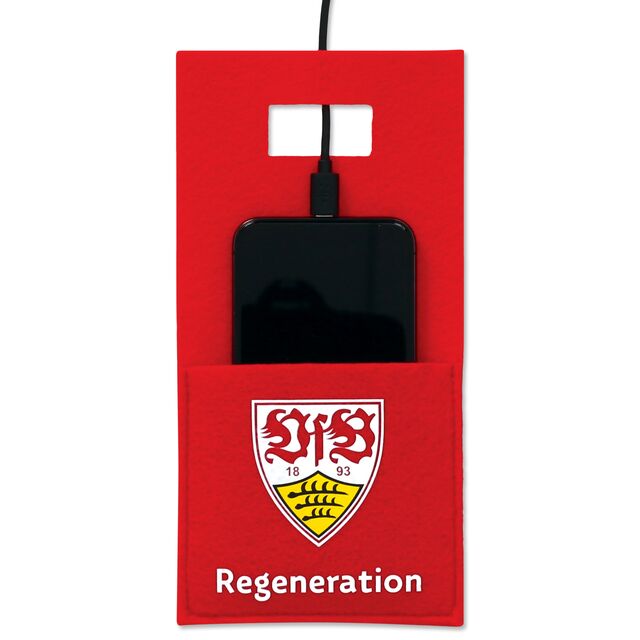 rote Smartphone Ladestation aus Filz mit VfB Wappen und der Aufschrift Regeneration