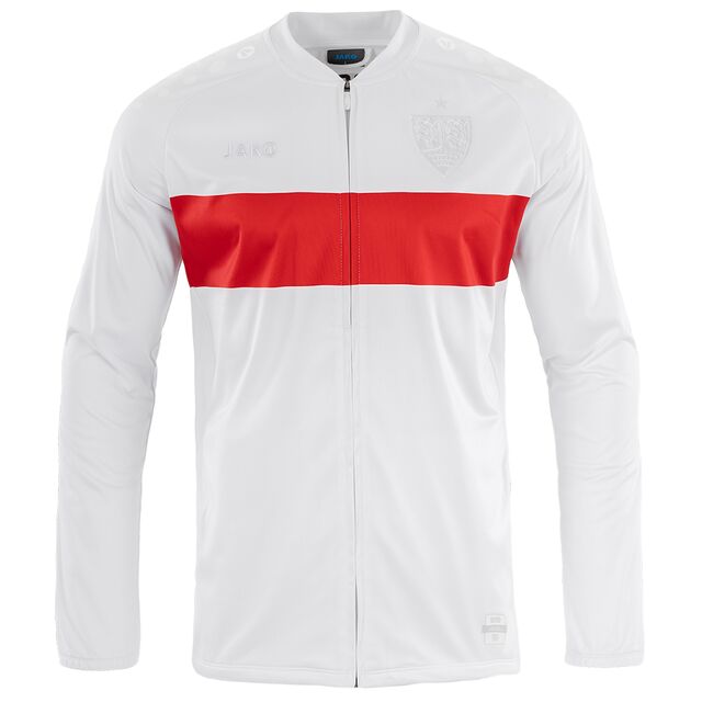 weiße Einlaufjacke mit rotem Brustring, weißem VfB Wappen und weißem JAKO Logo