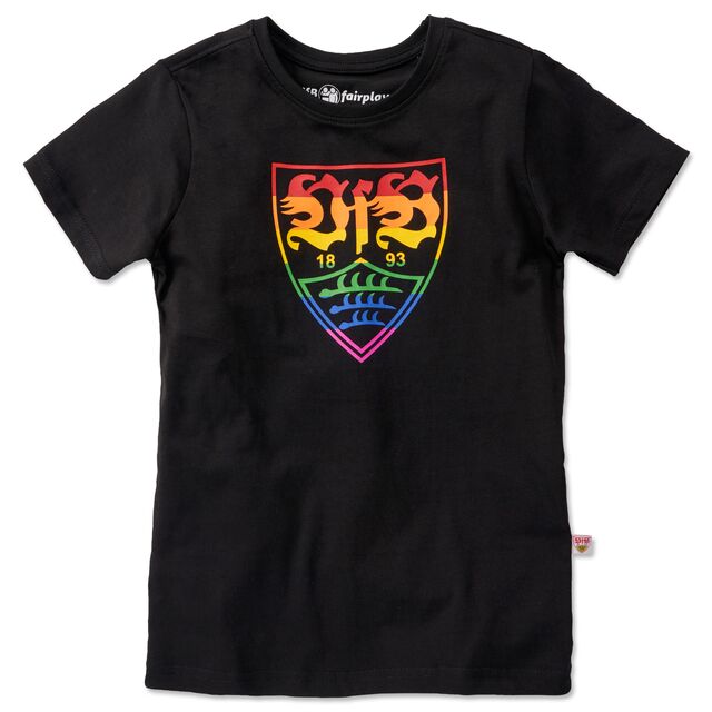 schwarzes T-Shirt mit großem VfB Wappen in Regenbogenfarben