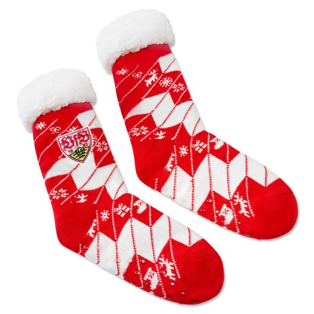 Hüttensocken mit roten und weißen Mustern und VfB Wappen 