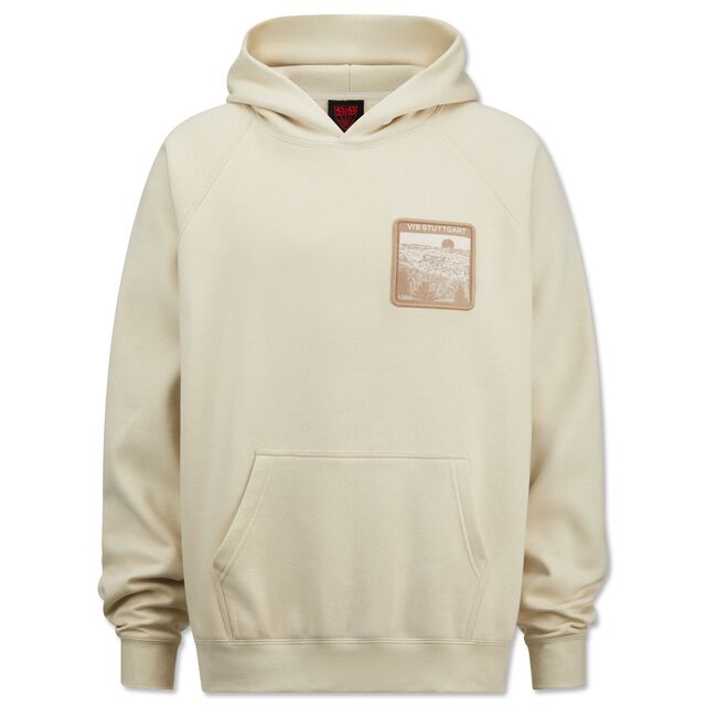 beigefarbener Hoodie mit beigefarbener Grafik von Stuttgart auf der Brust