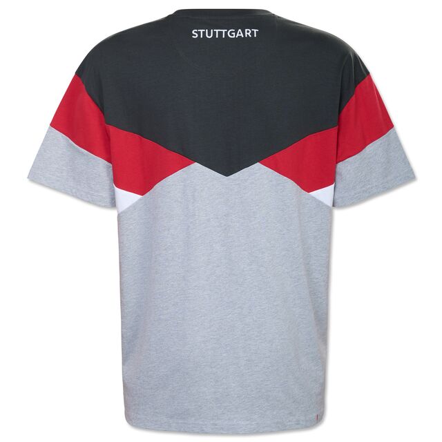 Rückseite des T-Shirts in Schwarz, Grau und Rot mit Aufschrift Stuttgart im Nacken
