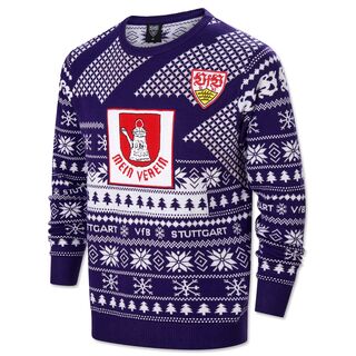 blauer Sweater mit weißem Weihnachtsmuster, VfB Wappen und der Cannstater Kanne auf der Vorderseite