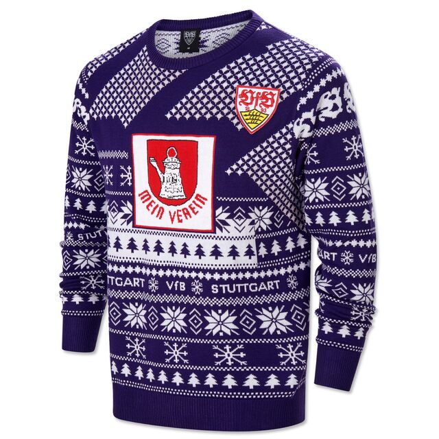 blauer Sweater mit weißem Weihnachtsmuster, VfB Wappen und der Cannstater Kanne auf der Vorderseite