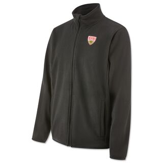 schwarze Fleecejacke mit Reißverschluss und Seitentaschen und VfB Wappen auf der Brust