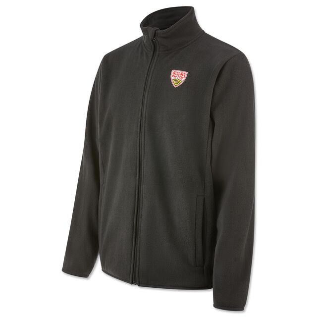 schwarze Fleecejacke mit Reißverschluss und Seitentaschen und VfB Wappen auf der Brust