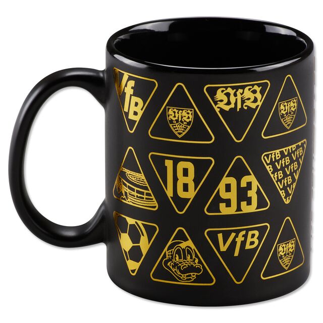 Schwarze Tasse mit VfB Vereinsmotiven 