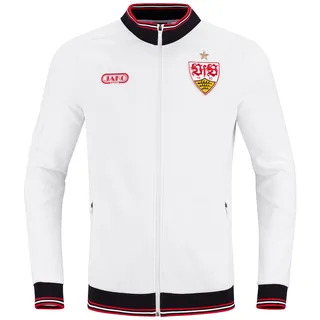 weiße Sweatjacke mit JAKO Retro Logo und VfB Wappen auf der Brust
