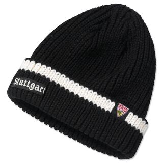 schwarze Beanie mit weißem Streifen, der Aufschrift Stuttgart und einem kleinen VfB Wappen an der Seite