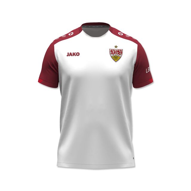 weiß-rotes T-Shirt mit JAKO-Logo und VfB Wappen auf der Vorderseite