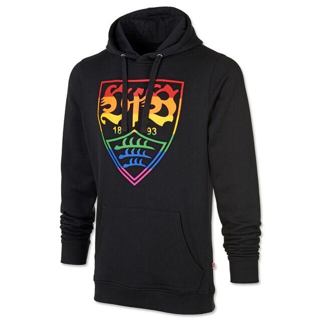 schwarzer Hoodie mit Kängurutaschen mit großem VfB Wappen in Regenbogenfarben