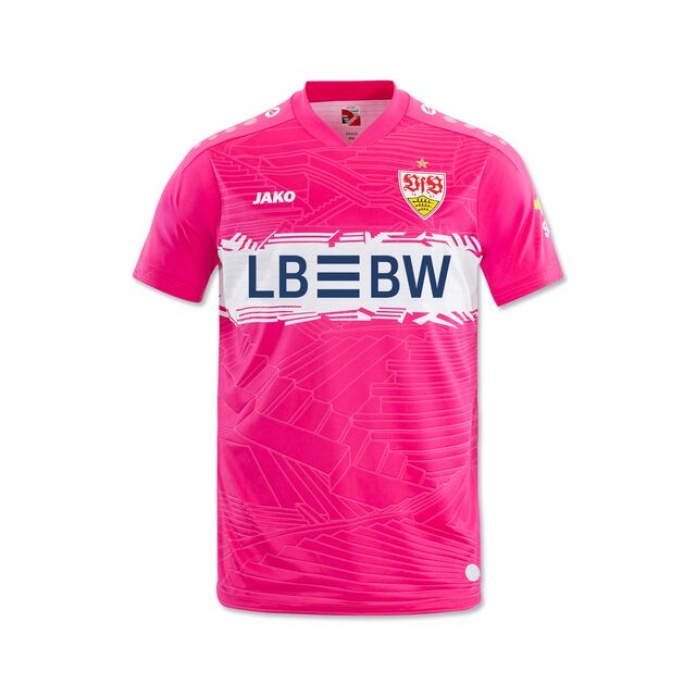 pinkes Trikot mit Stäffele Muster, VfB Wappen und JAKO Schriftzug auf der Brust sowie LBBW Logo im weißen Brustring