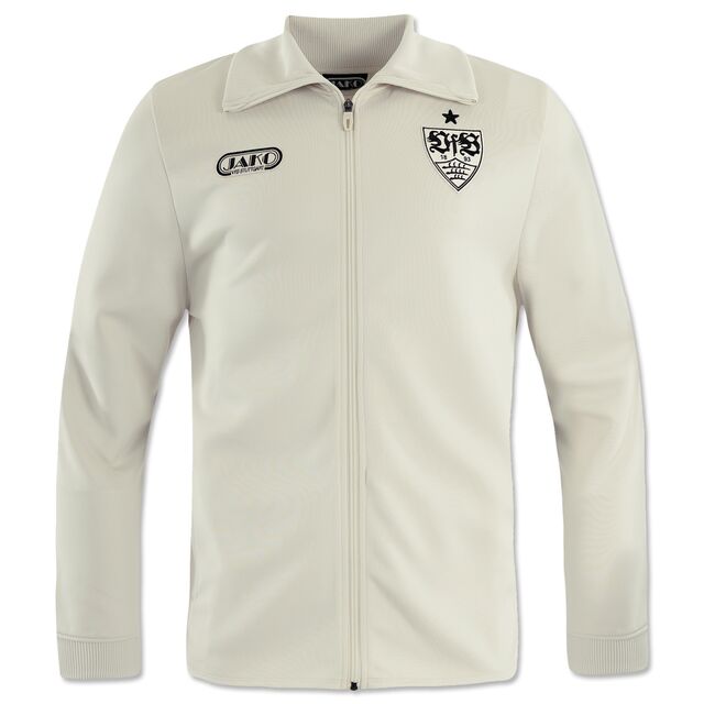 beigefarbene Tracksuite Jacke mit Reisverschluss und Kragen mit schwarzem JAKO Logo und VfB Wappen 