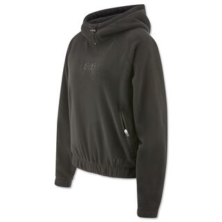 schwarzer Fleecehoodie mit Damenschnitt und Seitentaschen mit schwarzem VfB Logo in der Mitte