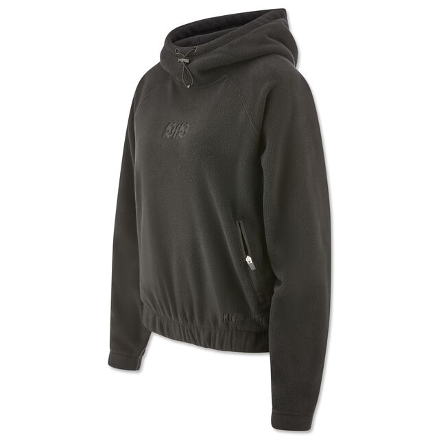 schwarzer Fleecehoodie mit Damenschnitt und Seitentaschen mit schwarzem VfB Logo in der Mitte