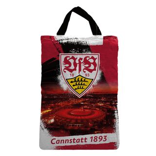 Tragetasche der Bettwäsche in Schwarz, Weiß und rot mit Abbildung des Stadions, der Aufschrift Cannstatt 1893 und großem VfB Wappen