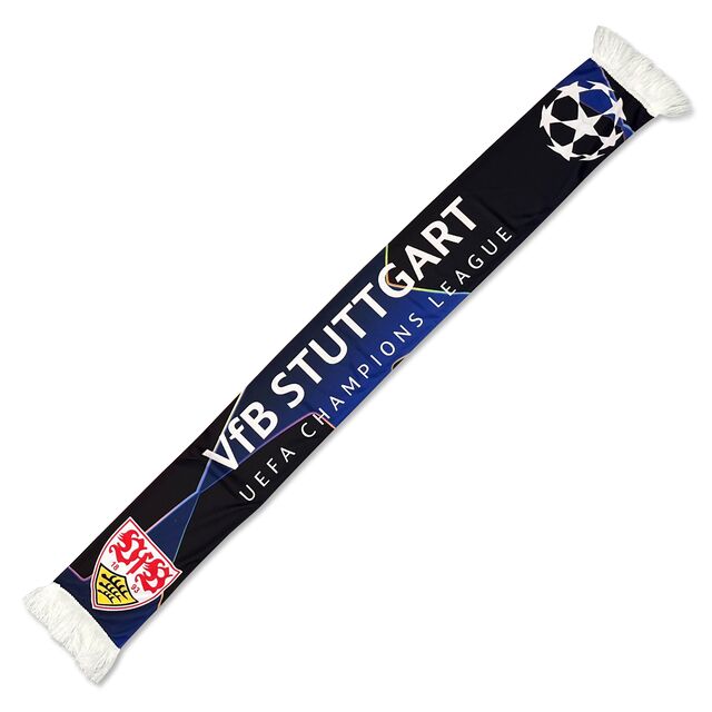 blau-schwarzer Schal mit Champions League Ball, VfB Wappen und der Aufschrift VfB Stuttgart UEFA Champions League
