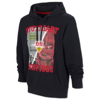schwarzer Hoodie mit Grafik von Sehenswürdigkeiten aus Stuttgart und dem Stadion mit der Aufschrift Stuttgart seit 1893