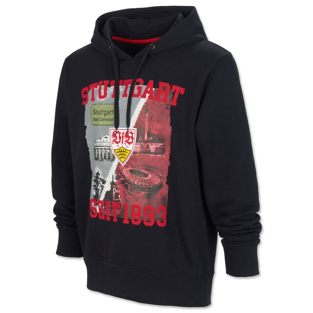 schwarzer Hoodie mit Grafik von Sehenswürdigkeiten aus Stuttgart und dem Stadion mit der Aufschrift Stuttgart seit 1893