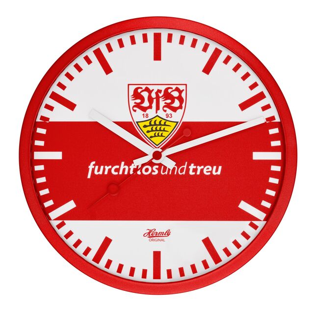 rot-weiße Hermle Wanduhr mit VfB Wappen und der Aufschrift furchtlos und treu