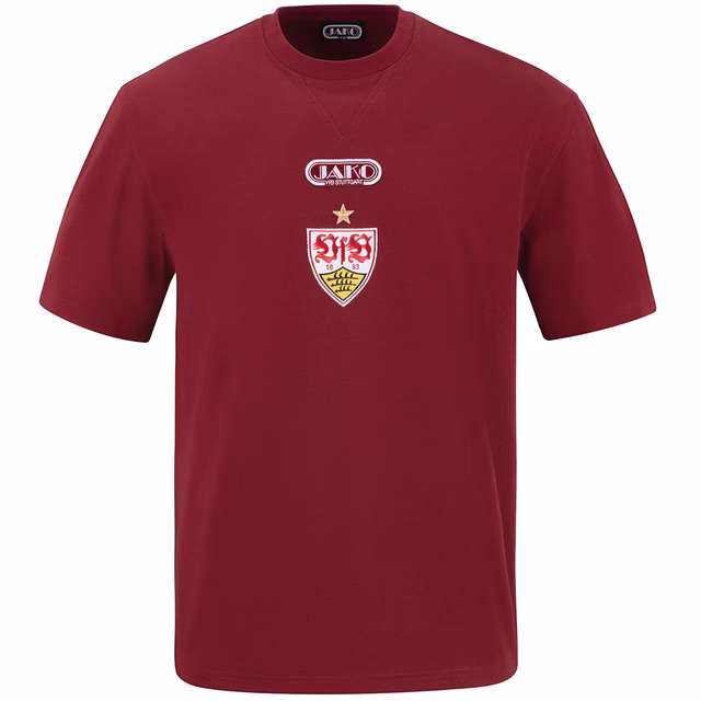 Rotes T-Shirt mit VfB Wappen und JAKO Logo in der Mitte 