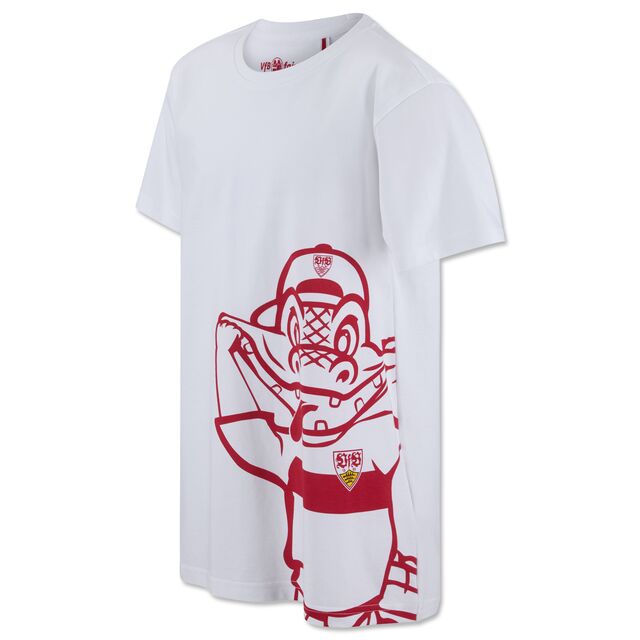 weißes T-Shirt mit rotem Bild von Fritzle, das eine Grimasse schneidet