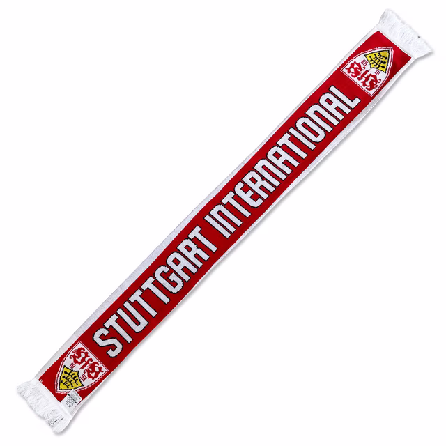 weiß-roter Schal mit VfB Wappen an beiden Enden und der Aufschrift Stuttgart International