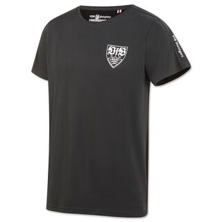 graues T-Shirt mit weißem VfB Wappen auf der Brust und Schriftzug VfB Stuttgart am Ärmel