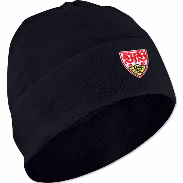 schwarze Fleecemütze mit VfB Wappen auf der Vorderseite