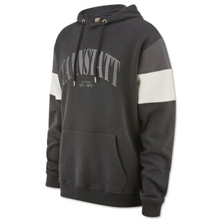schwarzer Hoodie mit grauem und weißem Streifen an den Ärmeln und der Aufschrift Cannstatt Stuttgart est. 1893 auf der Vorderseite