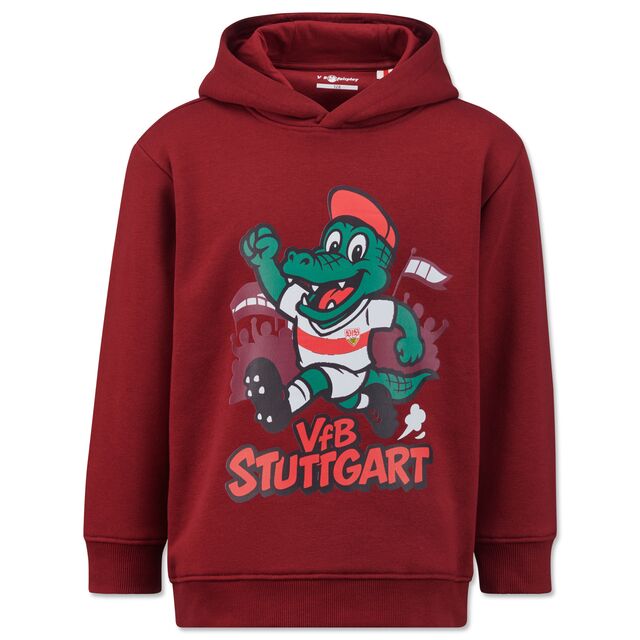 roter Hoodie mit Grafik von Fritzle und der Aufschrift VfB Stuttgart