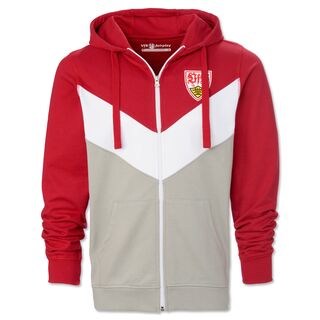 Sweatjacke im Rot, Beige und Weiß mit Kängurutaschen und VfB Wappen auf der Brust