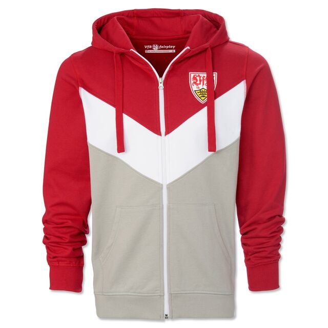 Sweatjacke im Rot, Beige und Weiß mit Kängurutaschen und VfB Wappen auf der Brust