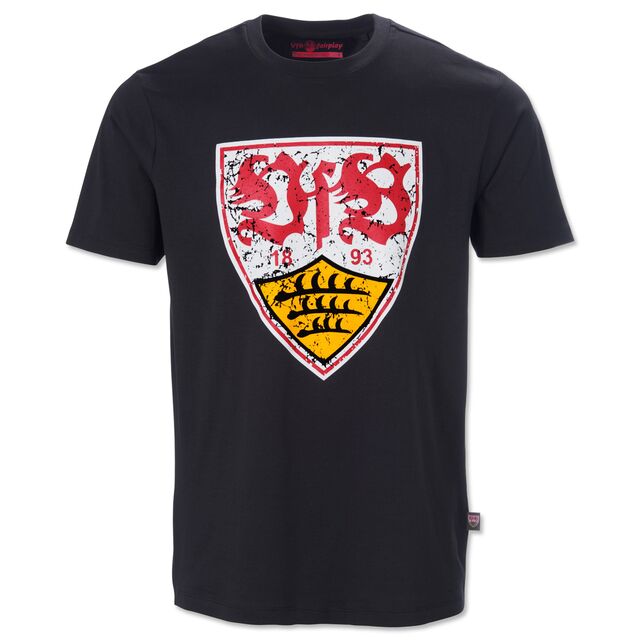 schwarzes T-Shirt mit VfB-Wappen im Used Look