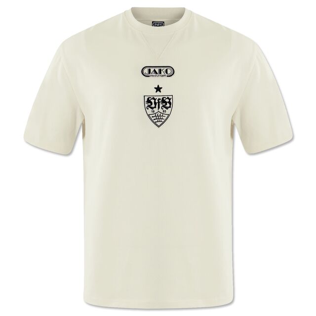 T-Shirt in Beige mit schwarzem JAKO Logo und darunter dem VfB Wappen mit Stern 