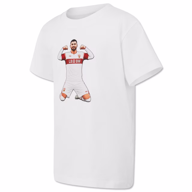 weißes T-Shirt mit Undav in Jubelpose