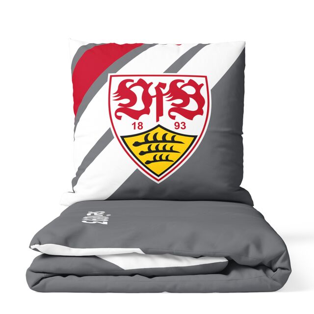 graue Bettwäsche mit weißen und roten Streifen und großem VfB Wappen