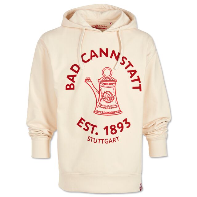 cremefarbener Hoodie mit großer roter Abbildung der Cannstatter Kanne und der Aufschrift Bad Cannstatt est. 1893 Stuttgart