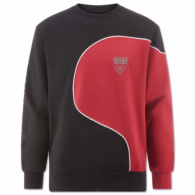 Pullover in schwarz und rot mit VfB Wappen auf der Brust 
