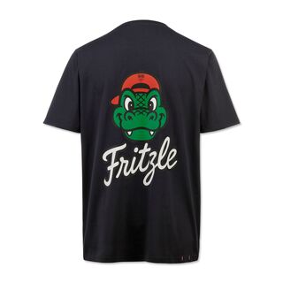 dunkelgraue Rückseite des T-Shirts mit Grafik von Fritzles Gesicht und der Aufschrift Fritzle darunter