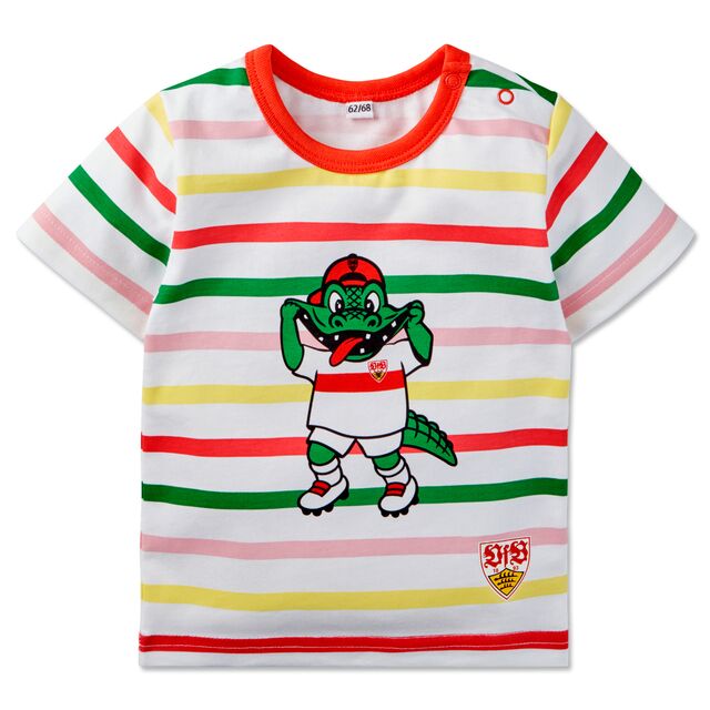 bunt gestreiftes T-Shirt mit Fritzle, das eine Grimasse schneidet