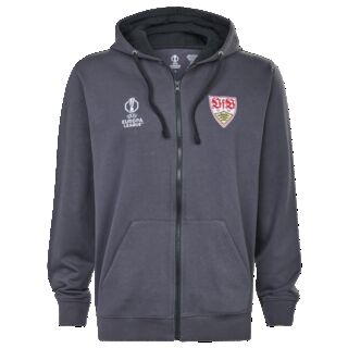 grauer Zip Hoodie mit Seitentaschen, VfB Wappen und Europa League Wappen