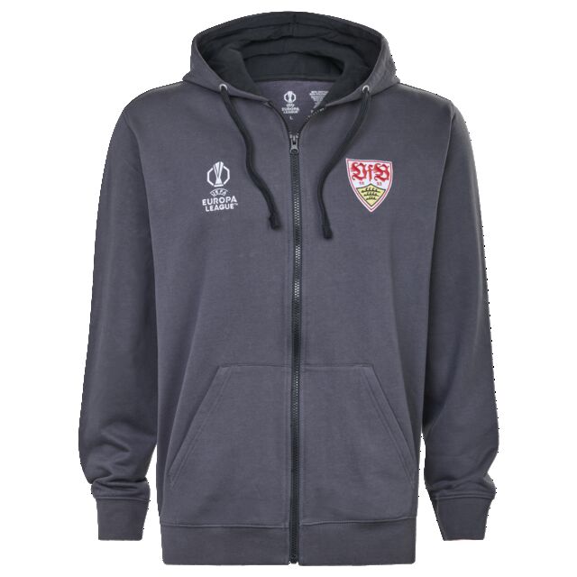 grauer Zip Hoodie mit Seitentaschen, VfB Wappen und Europa League Wappen