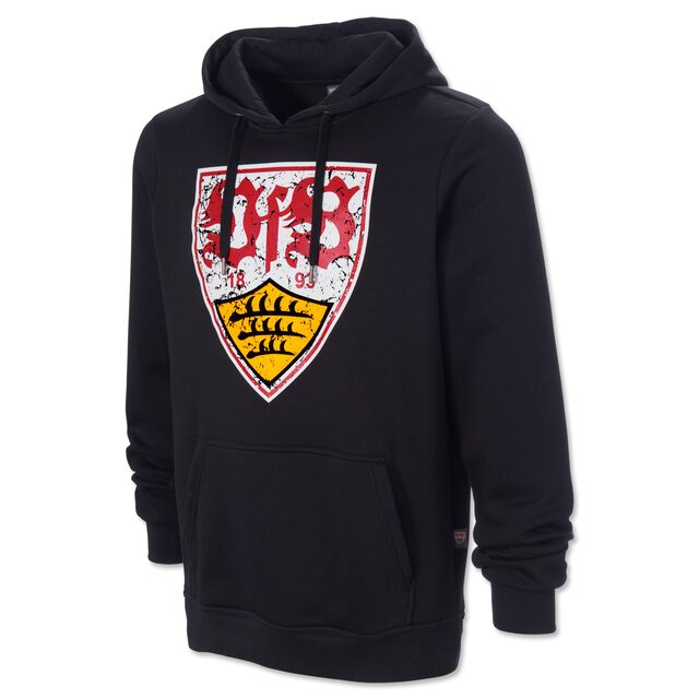 schwarzer Hoodie mit Kängurutaschen und großem VfB Wappen im Used Look